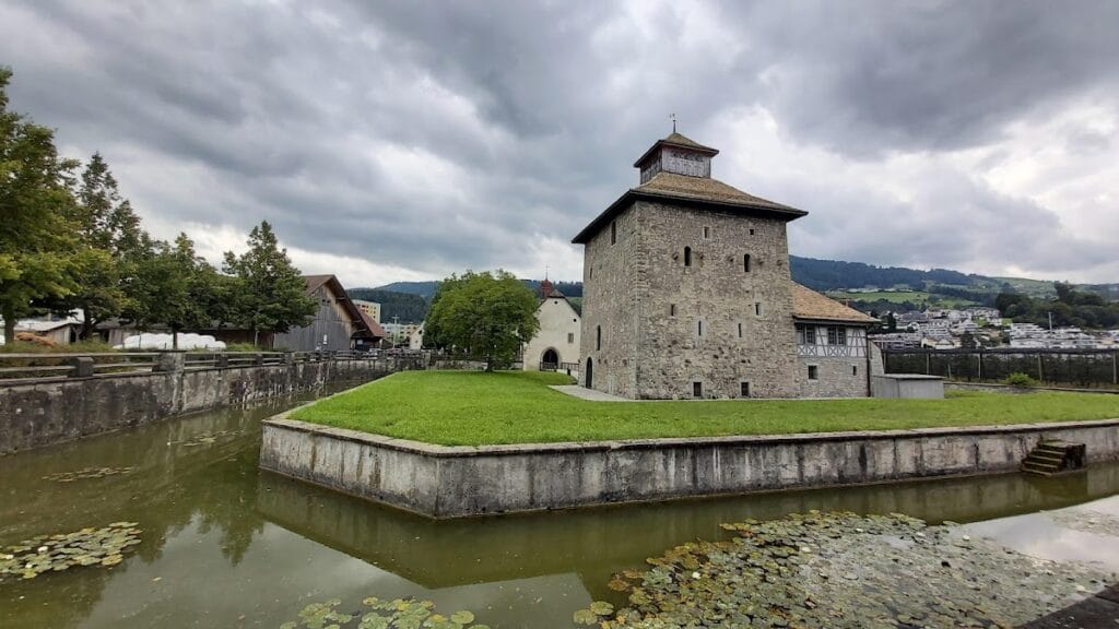 abbey governor's office with castle tower and moat